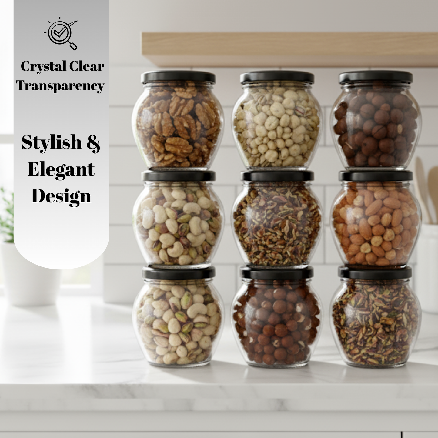 Aesthetic Glass Containers for Kitchen 400ml Mataki Jar with Airtight Black Lid (Pack of 12) | Jars for Spices, Snacks, Coffee, Sugar & Dry Fruits |