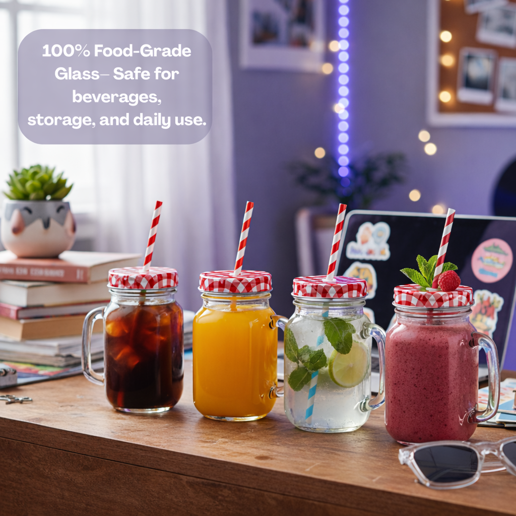 Aesthetic Mason Glass Jars with handle Straw & Multicolour Checked Lid 450 ml ,(PACK OF 4)– Classy Mug for Juice, Smoothies, Shakes, Coffee & Mocktails |Reusable Glass Jars for Kitchen, Party & Gifting