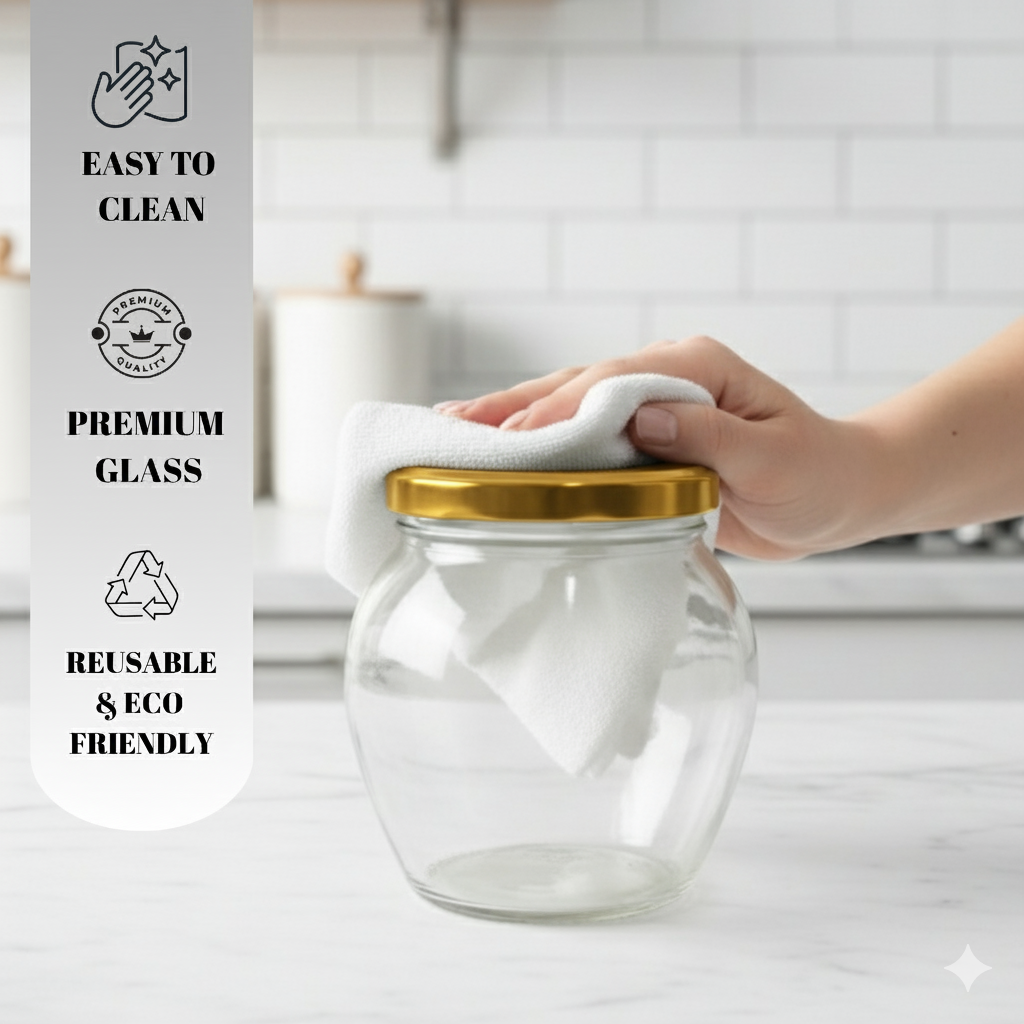 Aesthetic Matki Shape Jars (Pack of 6) with Airtight Golden Lid 400 ml | Stylish Kitchen Storage for Spices, Snacks, Coffee, pickle, Sugar & Dry Fruits