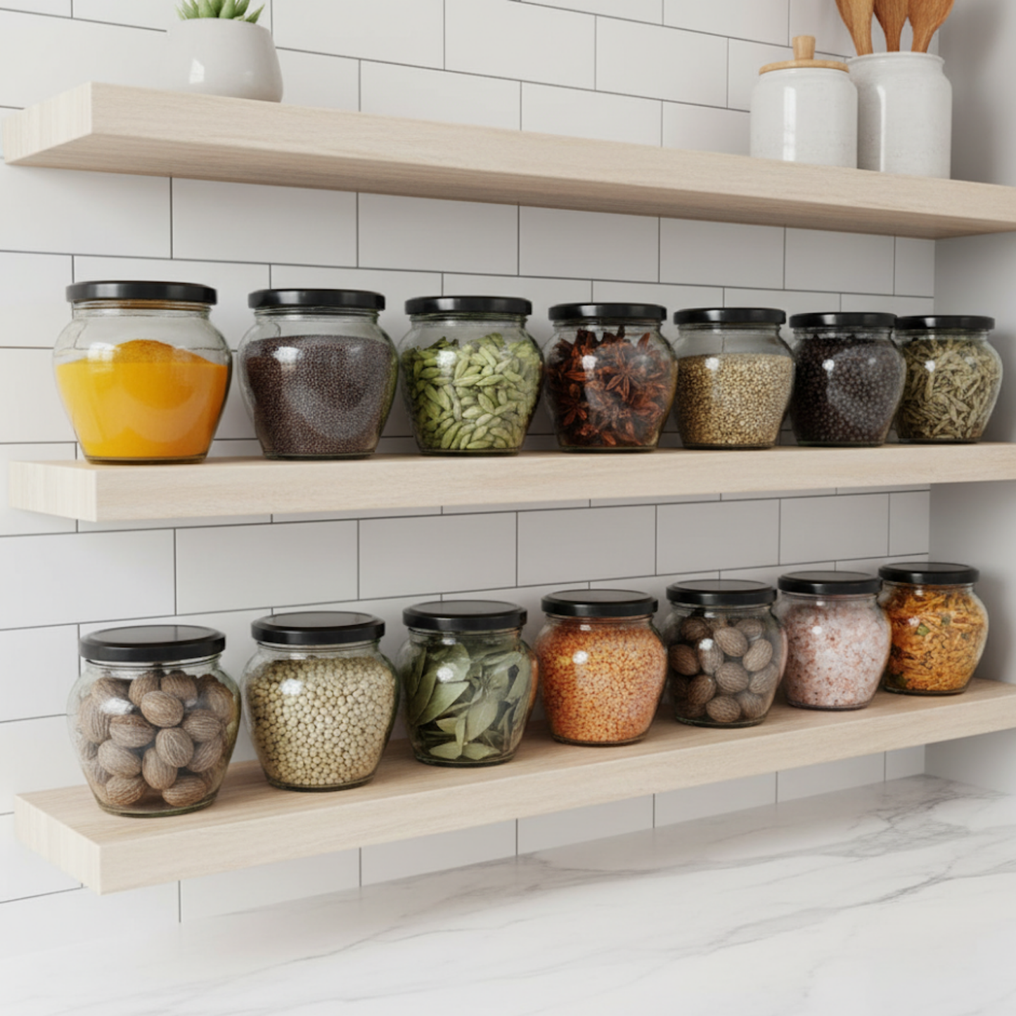Aesthetic Mataki Shape Jars 400ml  with Airtight Black Lid (Pack of 6) | Stylish Kitchen Storage for Spices, Snacks, Coffee, Sugar & Dry Fruits |