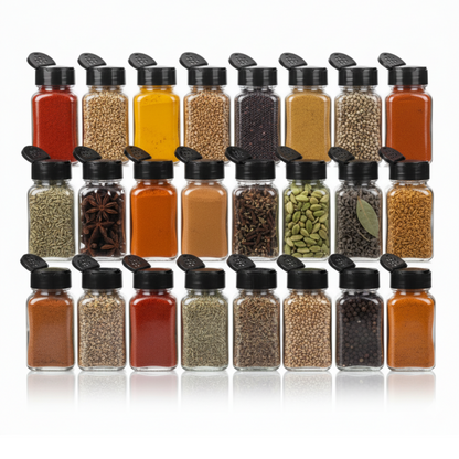 Aesthetic Square Glass Spice Jars with Black Shaker (Pack of 12) | 120ml Each with two-sided black sifter lid | Airtight & Reusable Masala Jar | Perfect for Spice Rack & Drawer Organiser