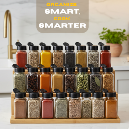 Aesthetic Square Glass Spice Jars with Black Shaker (Pack of 12) | 120ml Each with two-sided black sifter lid | Airtight & Reusable Masala Jar | Perfect for Spice Rack & Drawer Organiser