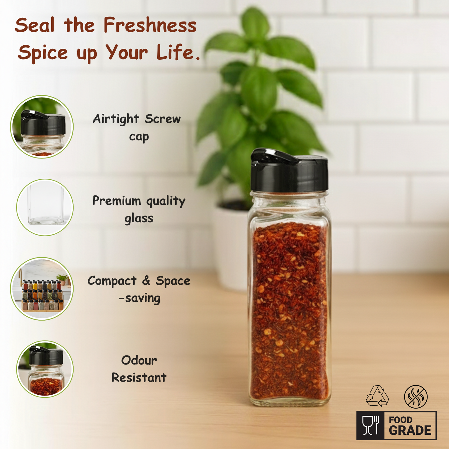 Aesthetic Square Glass Spice Jars with Black Shaker (Pack of 12) | 120ml Each with two-sided black sifter lid | Airtight & Reusable Masala Jar | Perfect for Spice Rack & Drawer Organiser