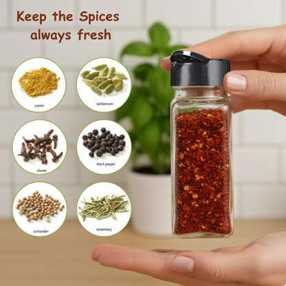 Aesthetic Square Glass Spice Jars with Black Shaker (Pack of 12) | 120ml Each with two-sided black sifter lid | Airtight & Reusable Masala Jar | Perfect for Spice Rack & Drawer Organiser