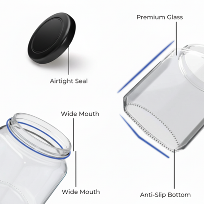 Aesthetic Mataki Shape Jars 400ml  with Airtight Black Lid (Pack of 6) | Stylish Kitchen Storage for Spices, Snacks, Coffee, Sugar & Dry Fruits |