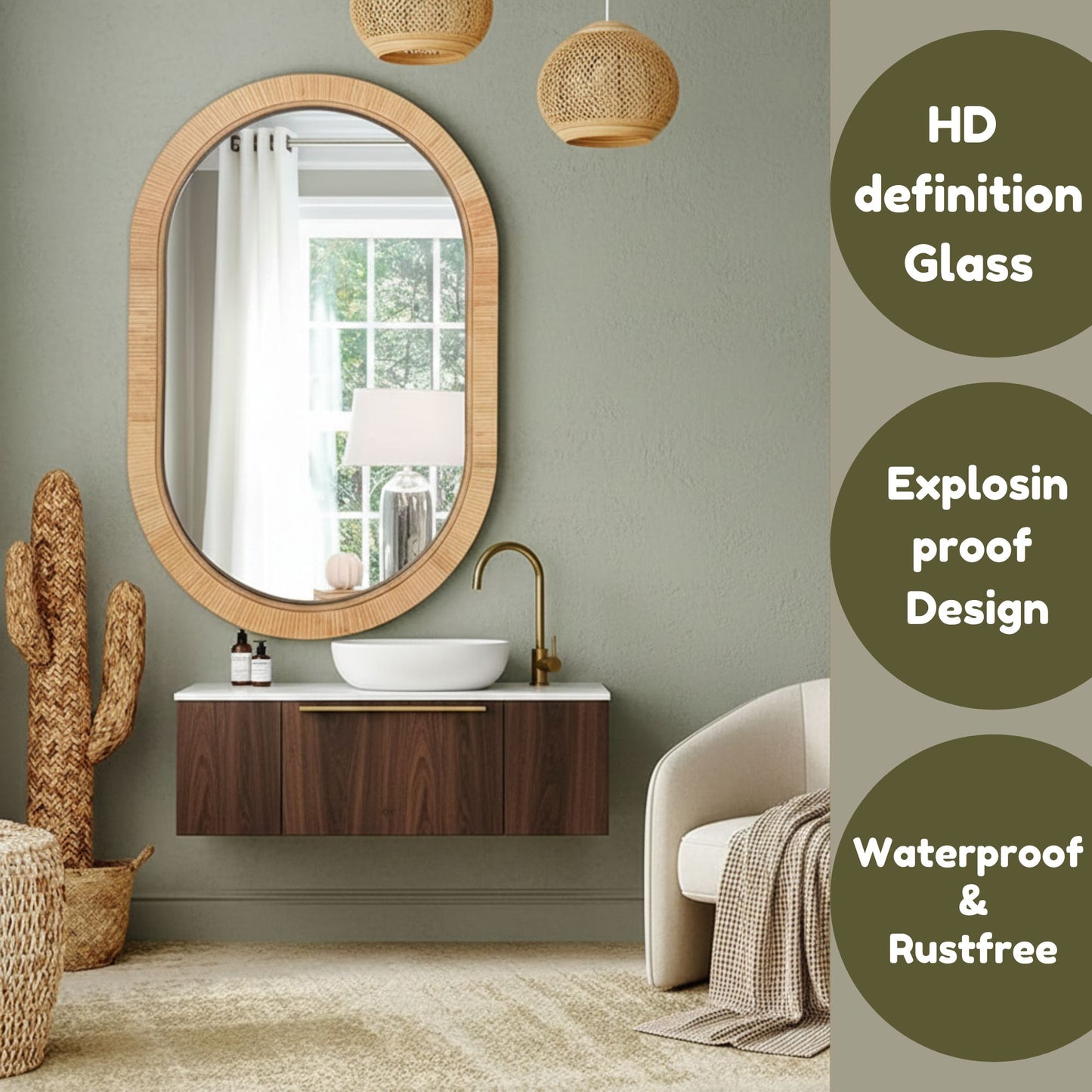 Aesthetic Boho Oval Rattan Wall Mirror (24x16 Inch) - Handcrafted Cane & Bamboo Decorative Mirror for Living Room, Bedroom & Vanity - Bohemian Capsule Shape Wall Hanging for Home Decor