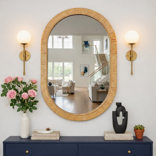 Aesthetic Boho Oval Rattan Wall Mirror (24x16 Inch) - Handcrafted Cane & Bamboo Decorative Mirror for Living Room, Bedroom & Vanity - Bohemian Capsule Shape Wall Hanging for Home Decor