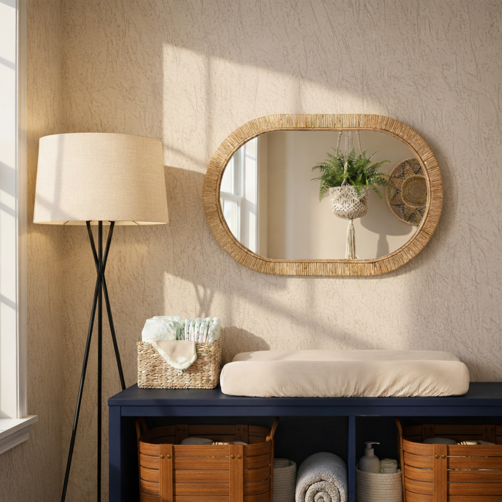 Aesthetic Boho Oval Rattan Wall Mirror (24x16 Inch) - Handcrafted Cane & Bamboo Decorative Mirror for Living Room, Bedroom & Vanity - Bohemian Capsule Shape Wall Hanging for Home Decor