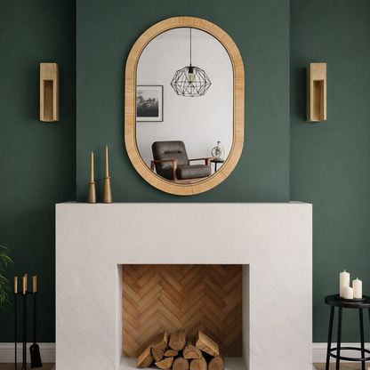 Aesthetic Boho Oval Rattan Wall Mirror (24x16 Inch) - Handcrafted Cane & Bamboo Decorative Mirror for Living Room, Bedroom & Vanity - Bohemian Capsule Shape Wall Hanging for Home Decor