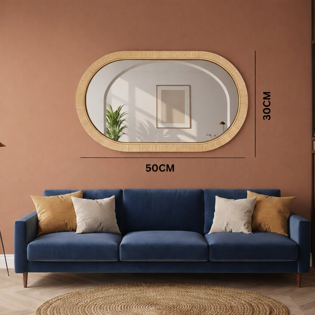 Aesthetic Boho Oval Rattan Wall Mirror (24x16 Inch) - Handcrafted Cane & Bamboo Decorative Mirror for Living Room, Bedroom & Vanity - Bohemian Capsule Shape Wall Hanging for Home Decor