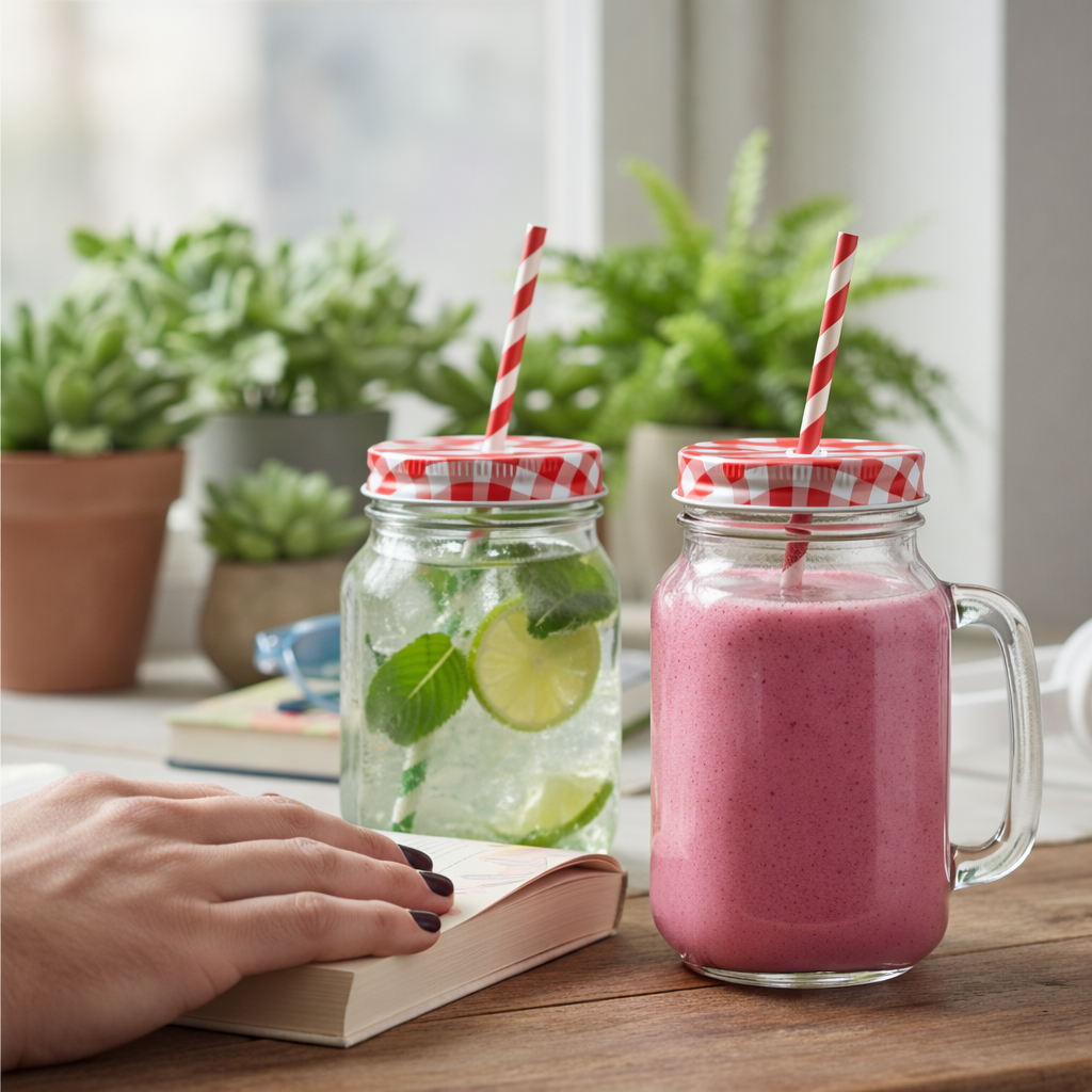 Aesthetic Mason Glass Jars with handle Straw & Multicolour Checked Lid 450 ml ,(PACK OF 4)– Classy Mug for Juice, Smoothies, Shakes, Coffee & Mocktails |Reusable Glass Jars for Kitchen, Party & Gifting