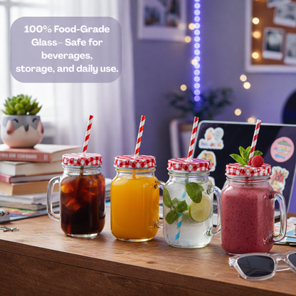 Aesthetic Mason Glass Jars with handle Straw & Multicolour Checked Lid 450 ml ,(PACK OF 4)– Classy Mug for Juice, Smoothies, Shakes, Coffee & Mocktails |Reusable Glass Jars for Kitchen, Party & Gifting