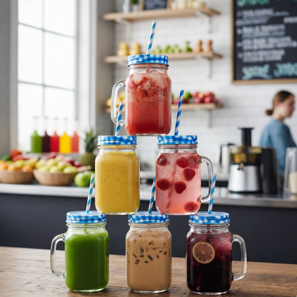 Aesthetic Mason Glass Jars with handle Straw & Multicolour Checked Lid 450 ml ,(PACK OF 4)– Classy Mug for Juice, Smoothies, Shakes, Coffee & Mocktails |Reusable Glass Jars for Kitchen, Party & Gifting