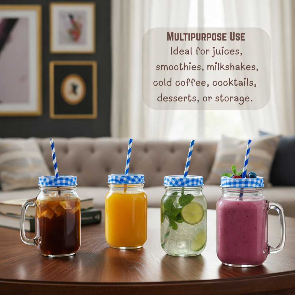 Aesthetic Mason Glass Jars with handle Straw & Multicolour Checked Lid 450 ml ,(PACK OF 4)– Classy Mug for Juice, Smoothies, Shakes, Coffee & Mocktails |Reusable Glass Jars for Kitchen, Party & Gifting