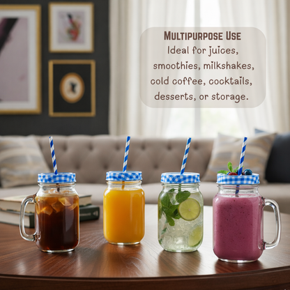 Aesthetic Mason Glass Jars with handle Straw & Multicolour Checked Lid 450 ml ,(PACK OF 4)– Classy Mug for Juice, Smoothies, Shakes, Coffee & Mocktails |Reusable Glass Jars for Kitchen, Party & Gifting
