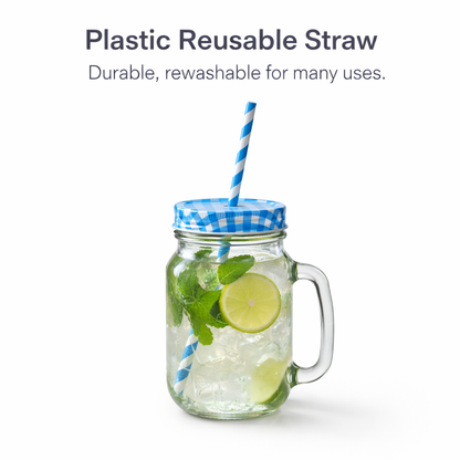 Aesthetic Mason Glass Jars with handle Straw & Multicolour Checked Lid 450 ml ,(PACK OF 4)– Classy Mug for Juice, Smoothies, Shakes, Coffee & Mocktails |Reusable Glass Jars for Kitchen, Party & Gifting