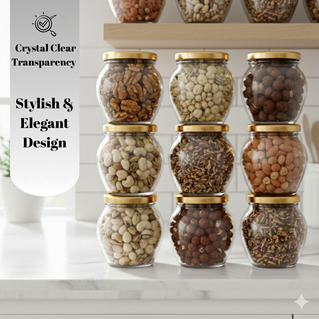 Aesthetic Matki Shape Jars (Pack of 12) with Airtight Golden Lid 400 ml | Stylish Kitchen Storage for Spices, Snacks, Coffee, pickle, Sugar & Dry Fruits