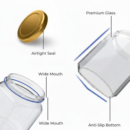 Aesthetic Salsa Jar 250ml with Classy Golden Lid (Pack of 6) | Round Airtight & Leakproof Kitchen Container for Spices, Achaar, Coffee, Snacks |