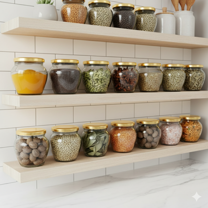 Aesthetic Matki Shape Jars (Pack of 12) with Airtight Golden Lid 400 ml | Stylish Kitchen Storage for Spices, Snacks, Coffee, pickle, Sugar & Dry Fruits