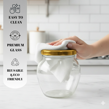 Aesthetic Matki Shape Jars (Pack of 12) with Airtight Golden Lid 400 ml | Stylish Kitchen Storage for Spices, Snacks, Coffee, pickle, Sugar & Dry Fruits