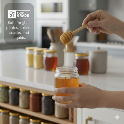 Aesthetic Salsa Jar 250ml with Classy Golden Lid (Pack of 6) | Round Airtight & Leakproof Kitchen Container for Spices, Achaar, Coffee, Snacks |
